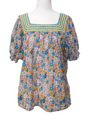 SISTER MARY Elana Pink Floral Square Neck Boho Embroidered Blouse Size M Cotton